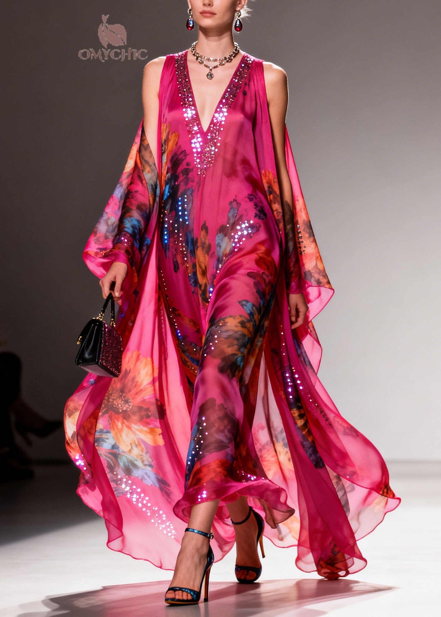 Fashion Rose Cold Shoulder Zircon Print Chiffon Long Dress Summer