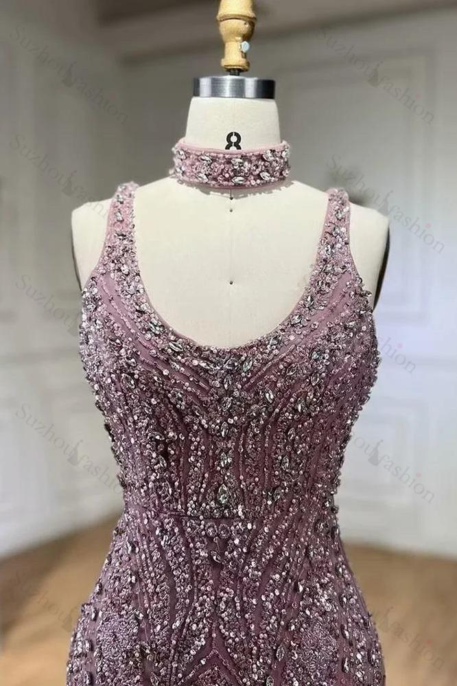 Fashion Sheath Bead Embroidery Dusk Square Split Long Evening Formal Dress