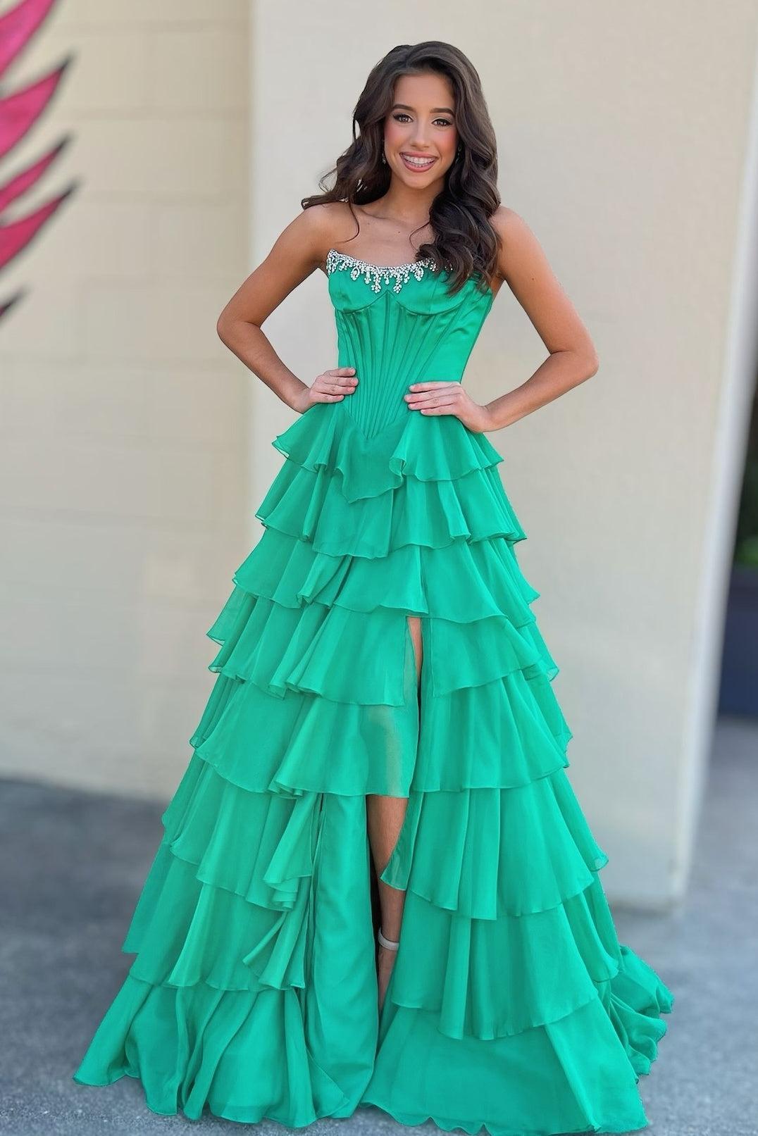 Fashionable A Line Strapless Hot Pink Corset Prom Dress With Beading Ruffles Formal Evening Gown