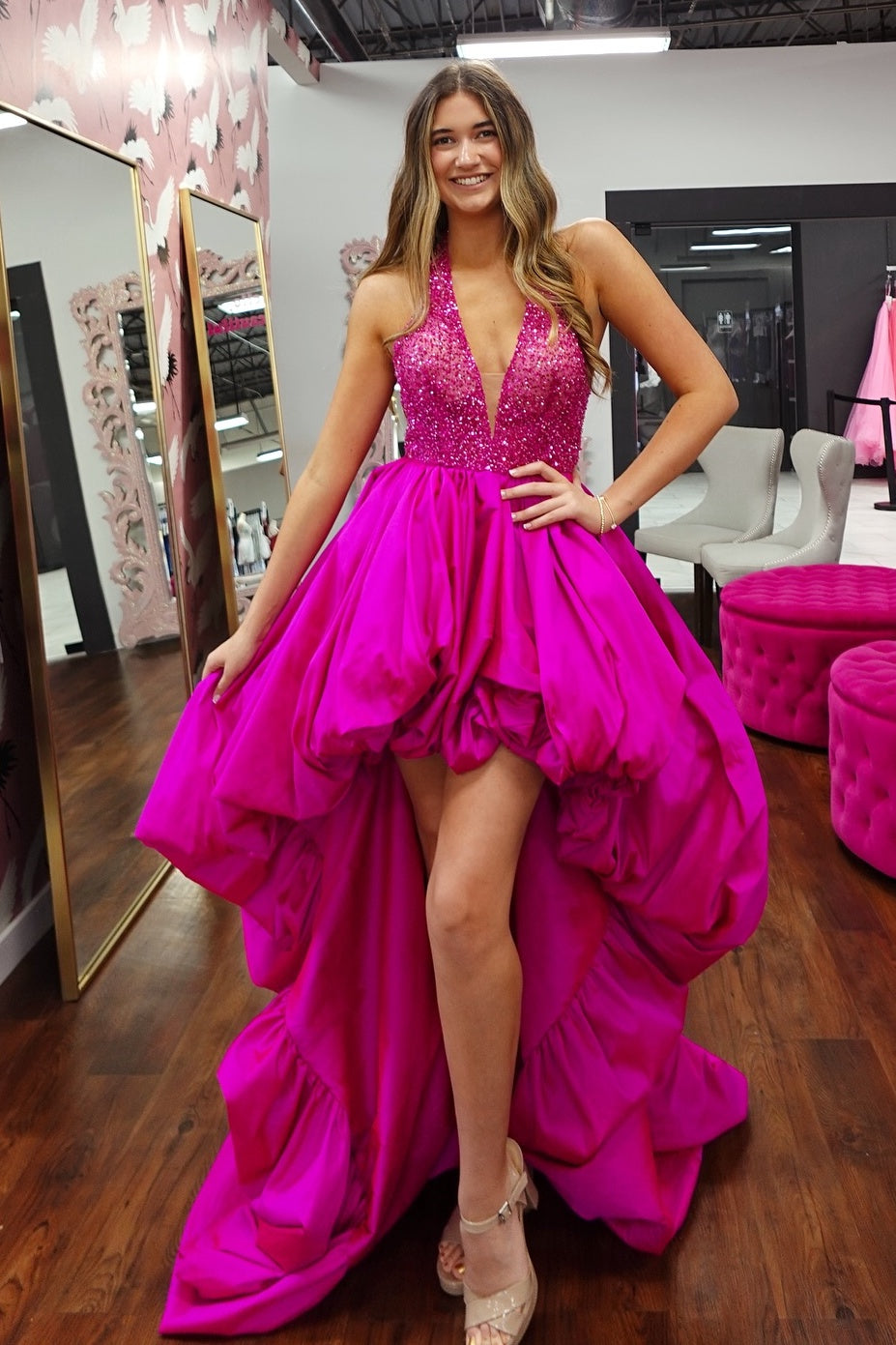 Fashionable A Line High Low Deep V Neck Fuchsia Party Dress with Beading