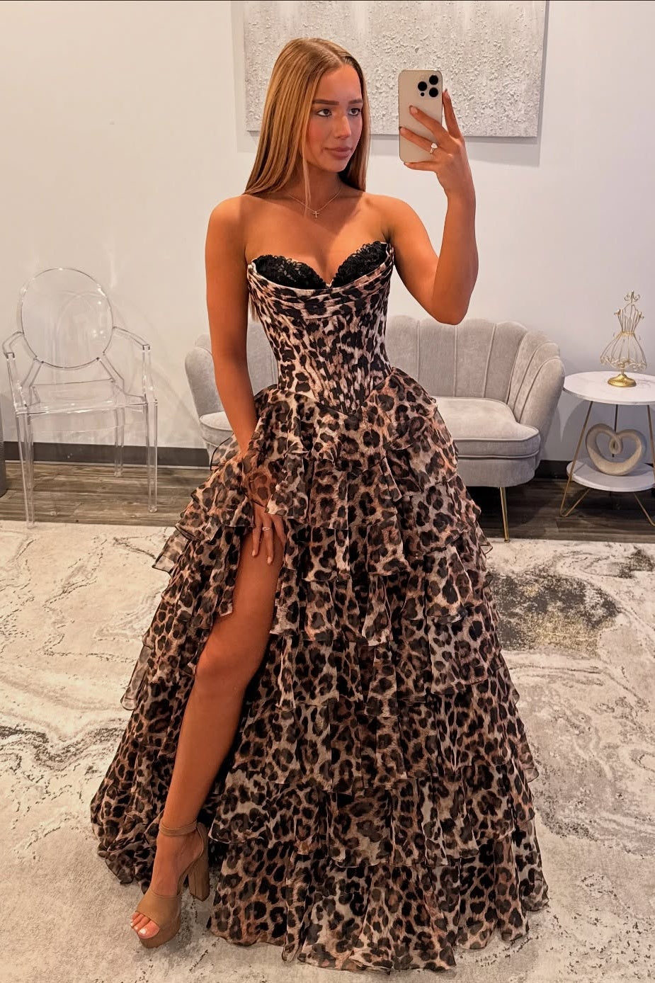 Fashionable A Line Sweetheart Leopard Print Corset Prom Dress with Ruffles