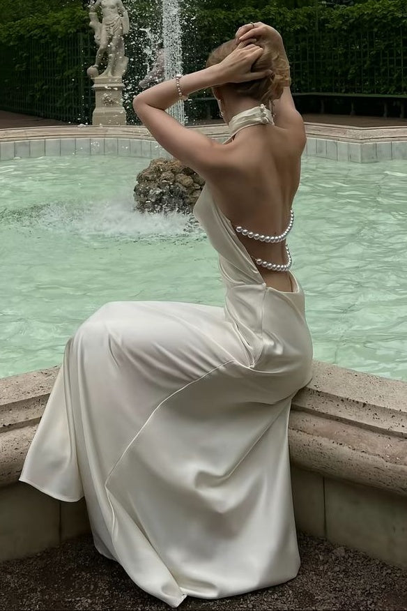 Fashionable Mermaid Halter Neck White Long Party Dress with Pearls Back - VelvetHem