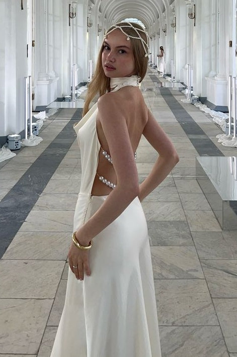 Fashionable Mermaid Halter Neck White Long Party Dress with Pearls Back - View 5 | VelvetHem