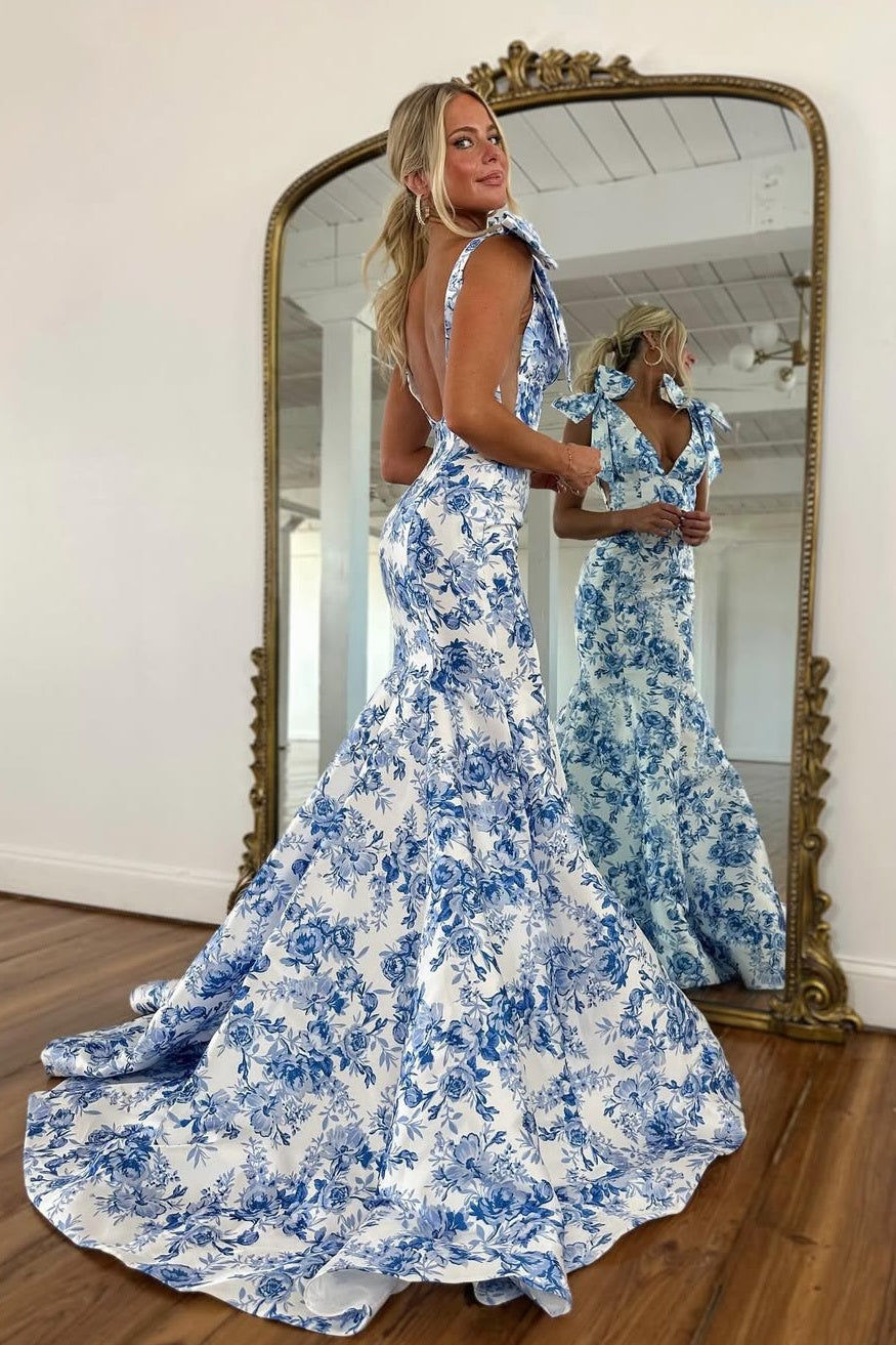 Fashionable Mermaid V Neck Blue Printed Long Prom Dress with Bowknot - View 2 | VelvetHem