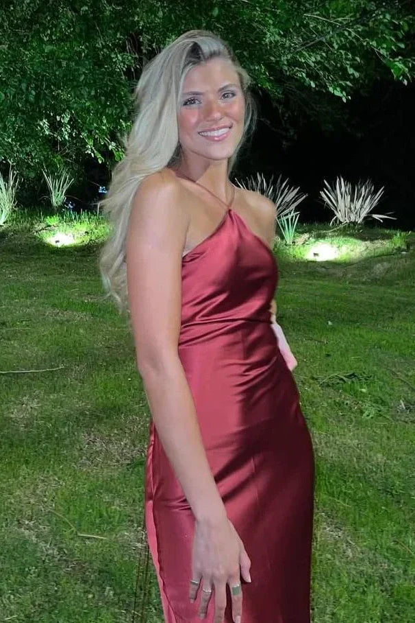 Fashionable Sheath Halter Neck Red Long Prom Dress - View 2 | VelvetHem