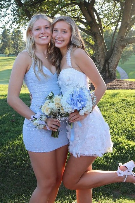 Fashionable Sheath Spaghetti Straps Light Blue Sequins Short Homecoming Dress