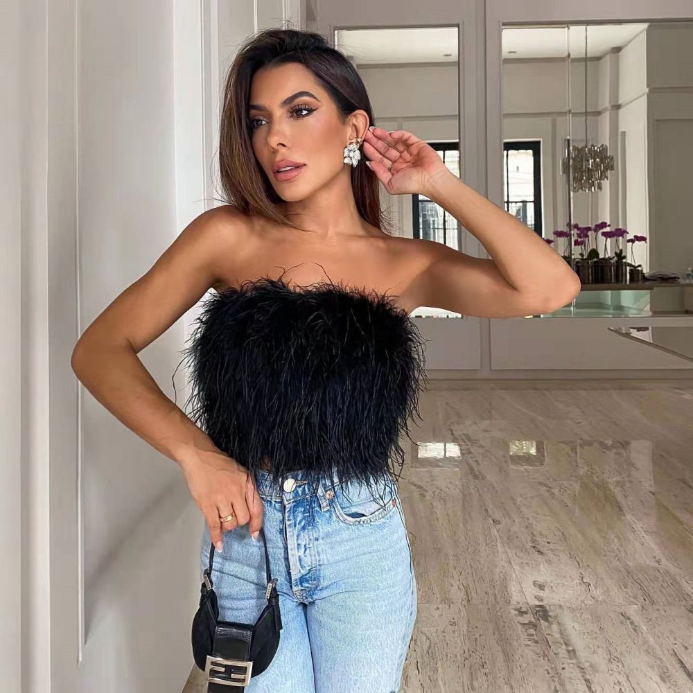 Faux Ostrich Feather Soft Fur Tank Short Vest Colorful Backless Nightclub Tube Top