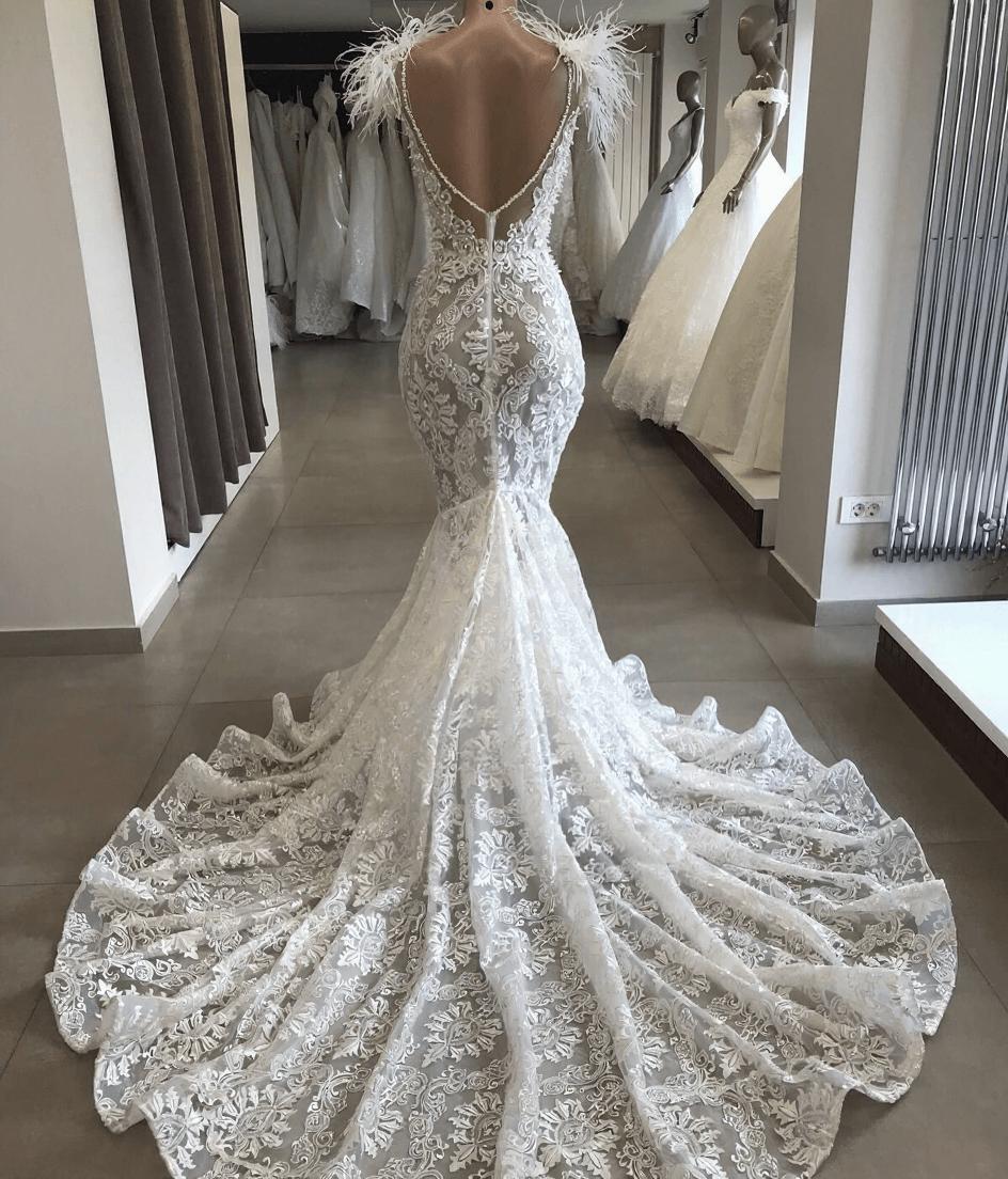 Feather Bateau Wonderful Mermaid Appliques Beach Wedding Dresses