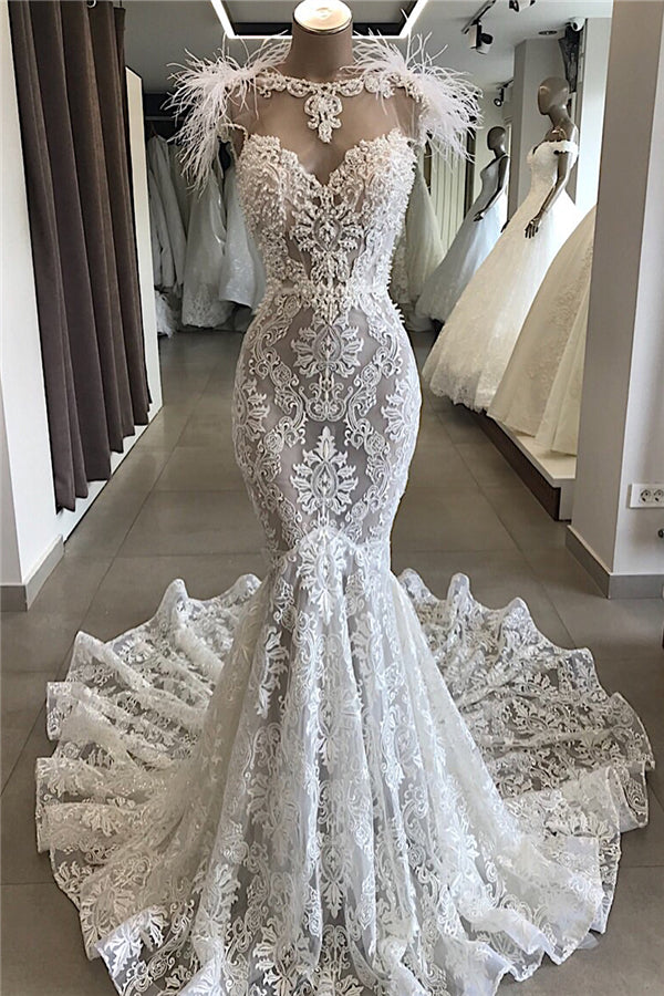 Feather Bateau Wonderful Mermaid Appliques Beach Wedding Dresses