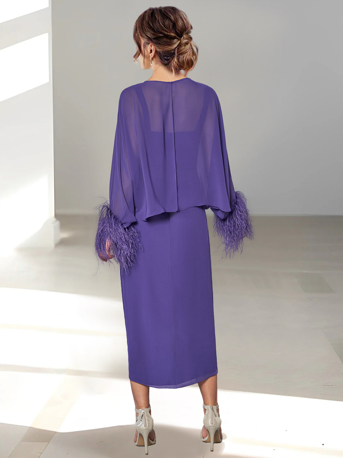 Feathered Jacket Tea Length Mother of the Bride A Line Dress