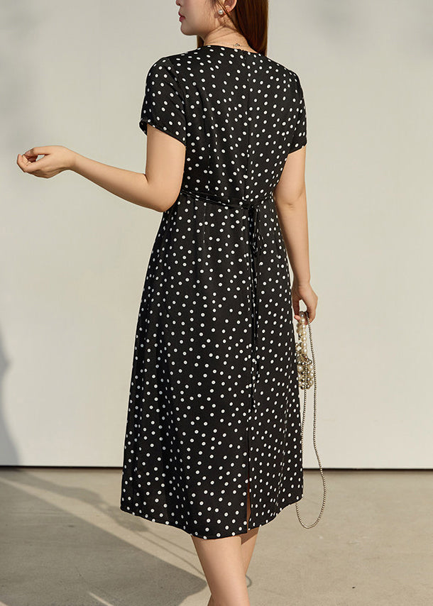 Fine Black V Neck Patchwork Dot Chiffon Dress Summer