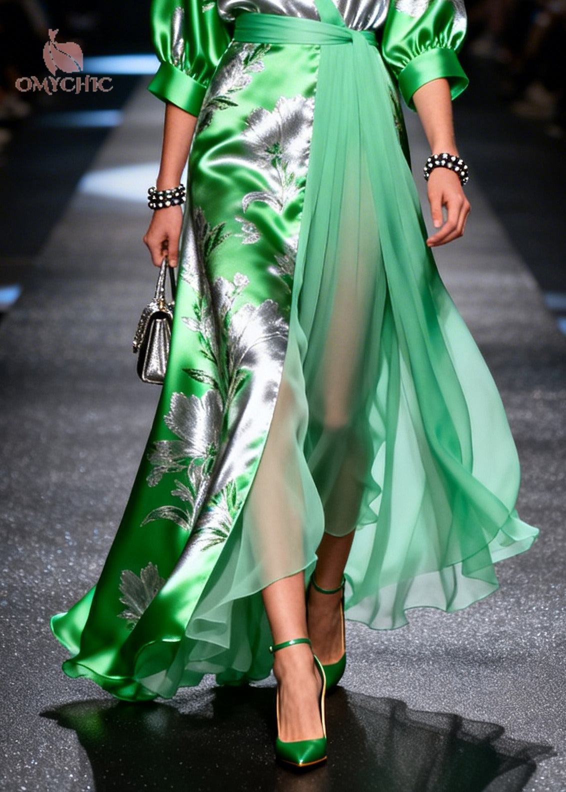 Fine Grass Green Jacquard Patchwork Low High Design Chiffon Maxi Dress Summer