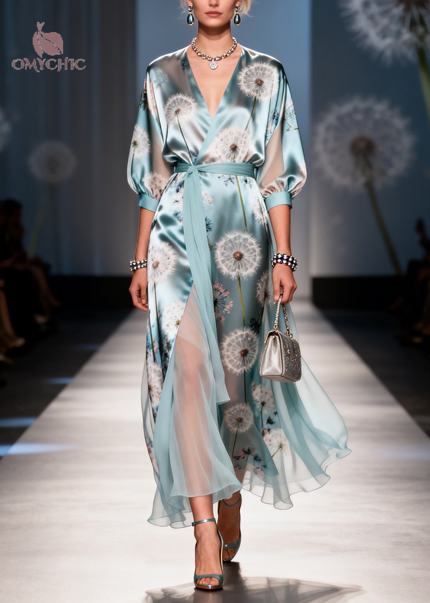 Fine Light Blue Tunic Dandelion Print Chiffon Long Dresses Summer
