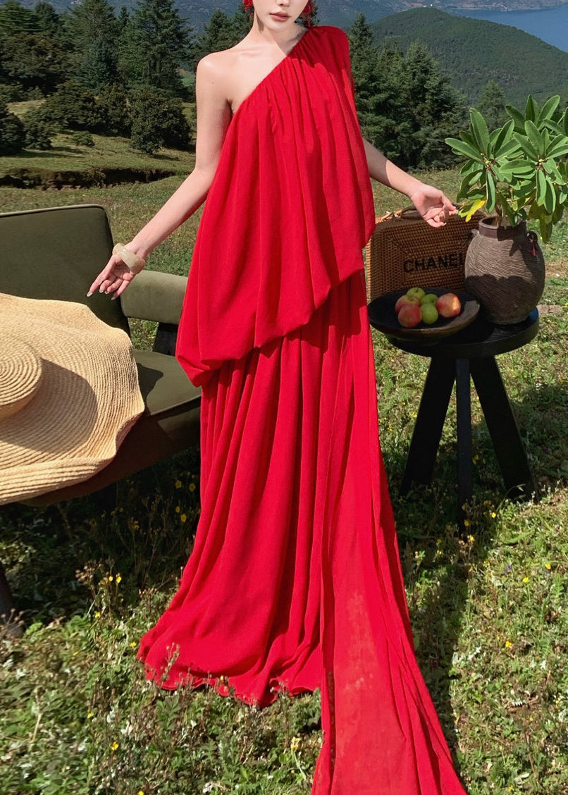 Fine Red Asymmetrical One Shoulder Solid Long Dress Sleeveless