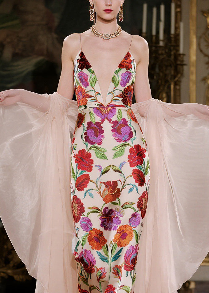 Fine V Neck Print Silk Spaghetti Strap Dress And Cape Two-Piece Set Summer