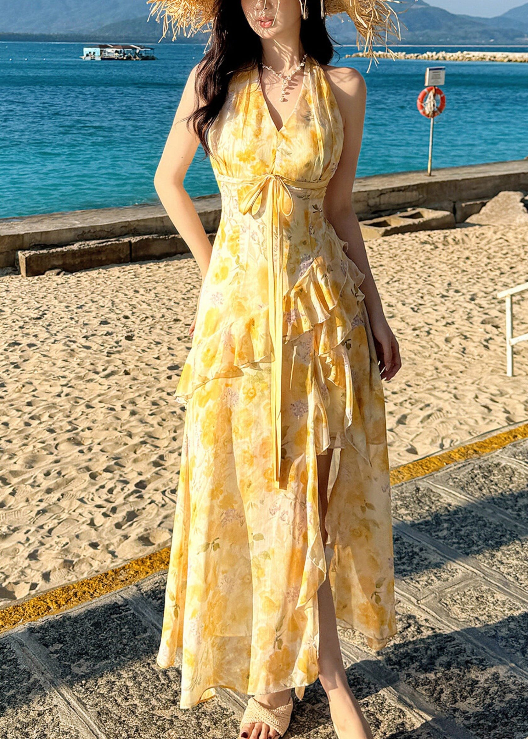 Fine Yellow Print Ruffled Tie Waist Long Dresses Sleeveless