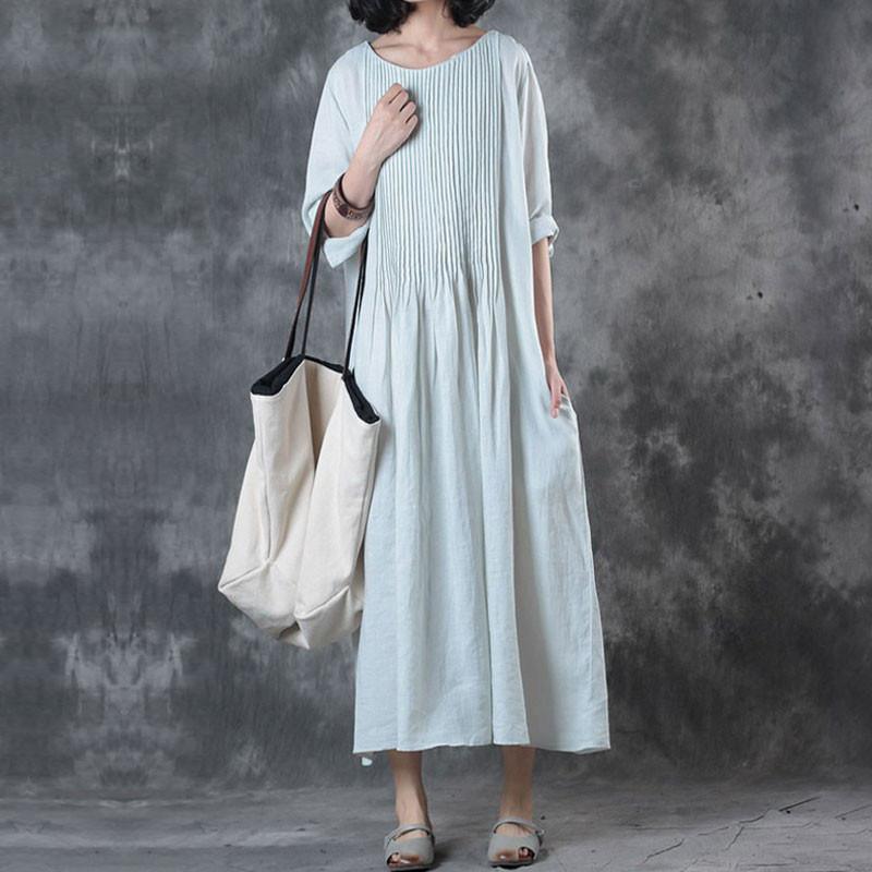 Fine Long Linen Dress Loose Fitting Solid Loose Folded Pocket White Dress