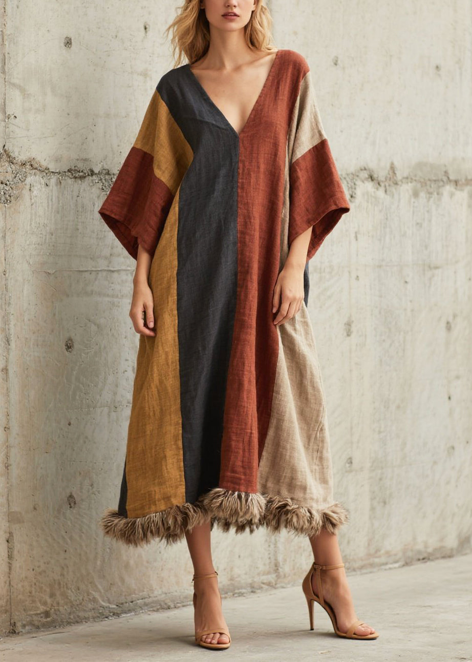 Fitted Colorblock Oversized Patchwork Faux Fur Maxi Dress Batwing Sleeve