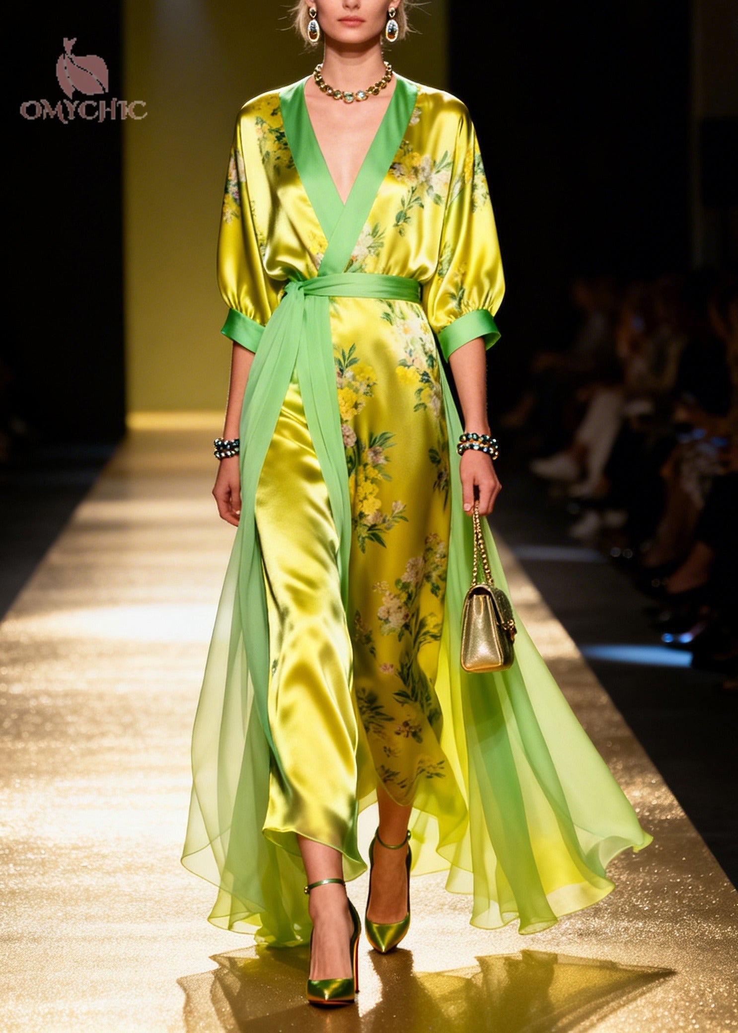 Fitted Grass Green Print Tulle Patchwork Silk Party Dresses Summer