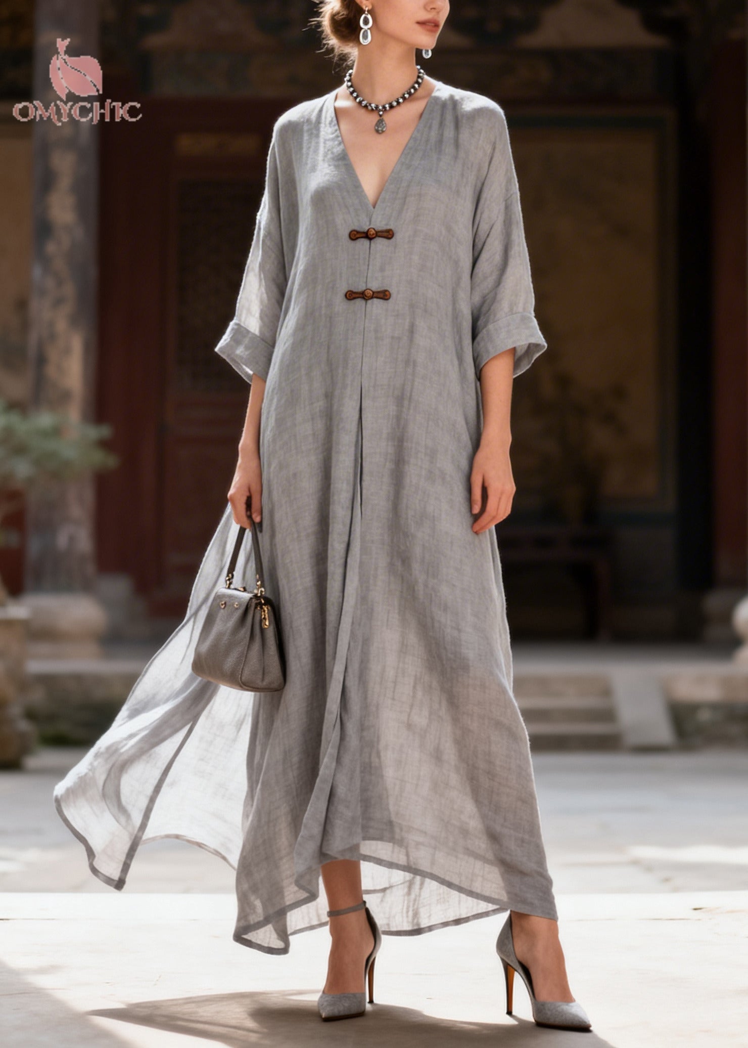 Fitted Grey Oversized Chinese Button Cotton Robe Dresses Summer