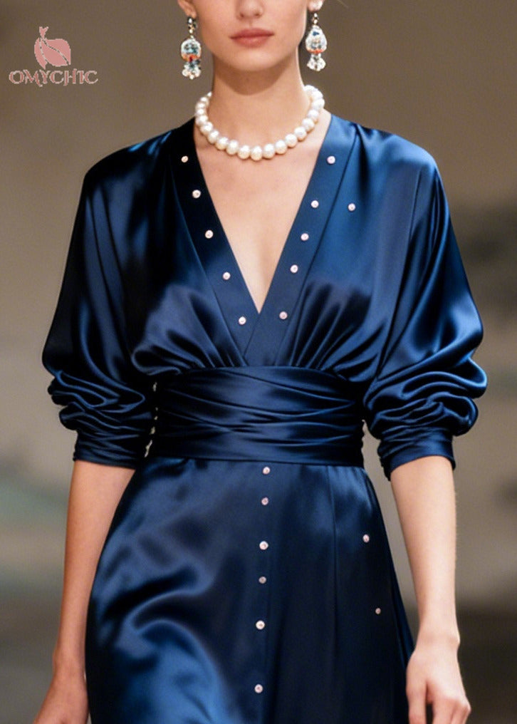 Fitted Navy V Neck Nail Bead Draping Silk Party Dress Long Sleeve