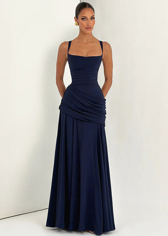 Fitted Navy Wrinkled Backless Long Spaghetti Strap Dress Summer