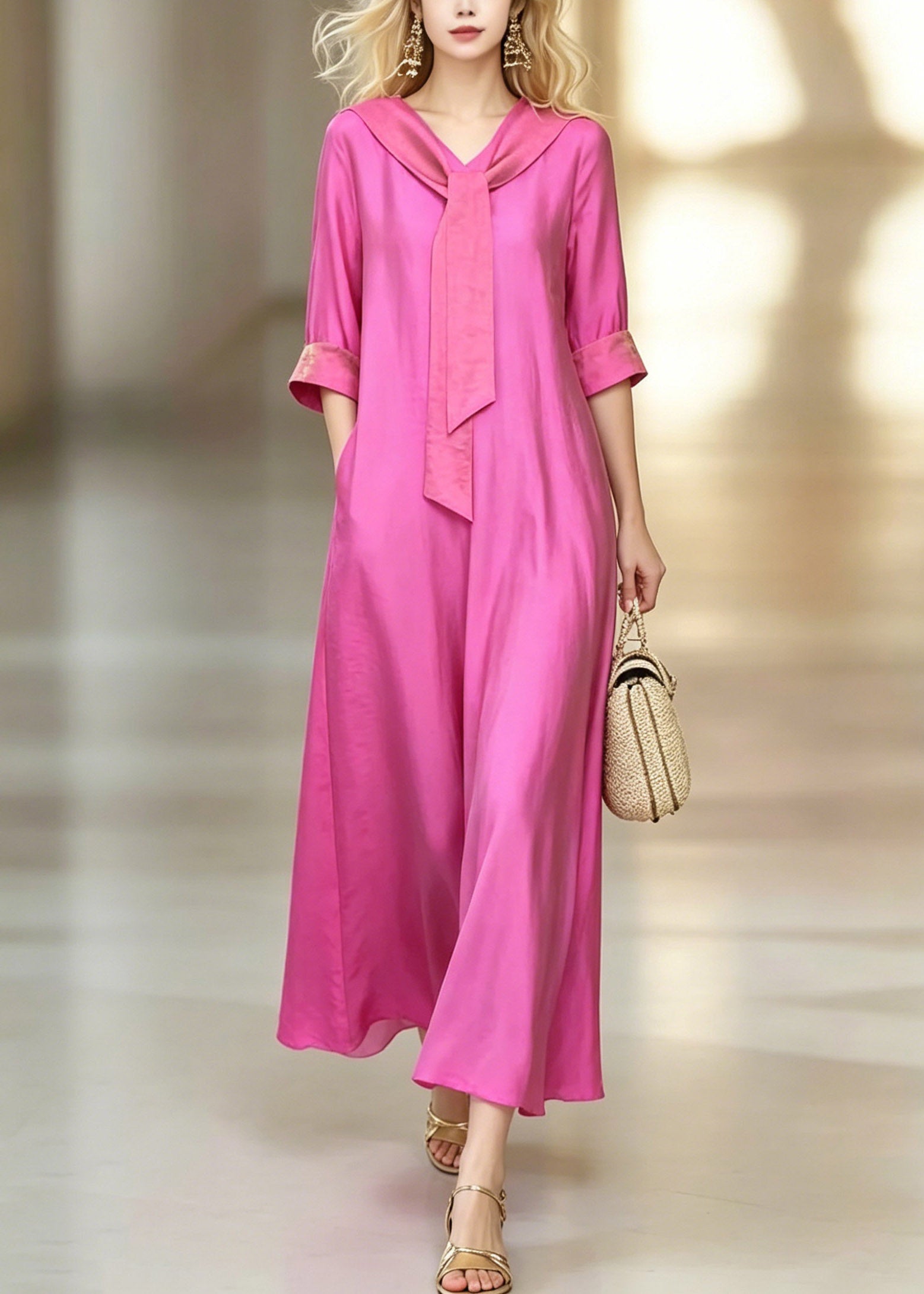 Fitted Pink Bow Patchwork Solid Maxi Dresses Short Sleeve