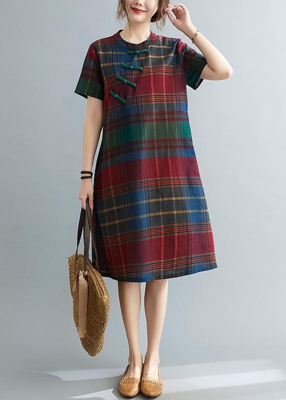 Fitted Plaid Oriental Cotton Linen Summer Dress ( Limited Stock)