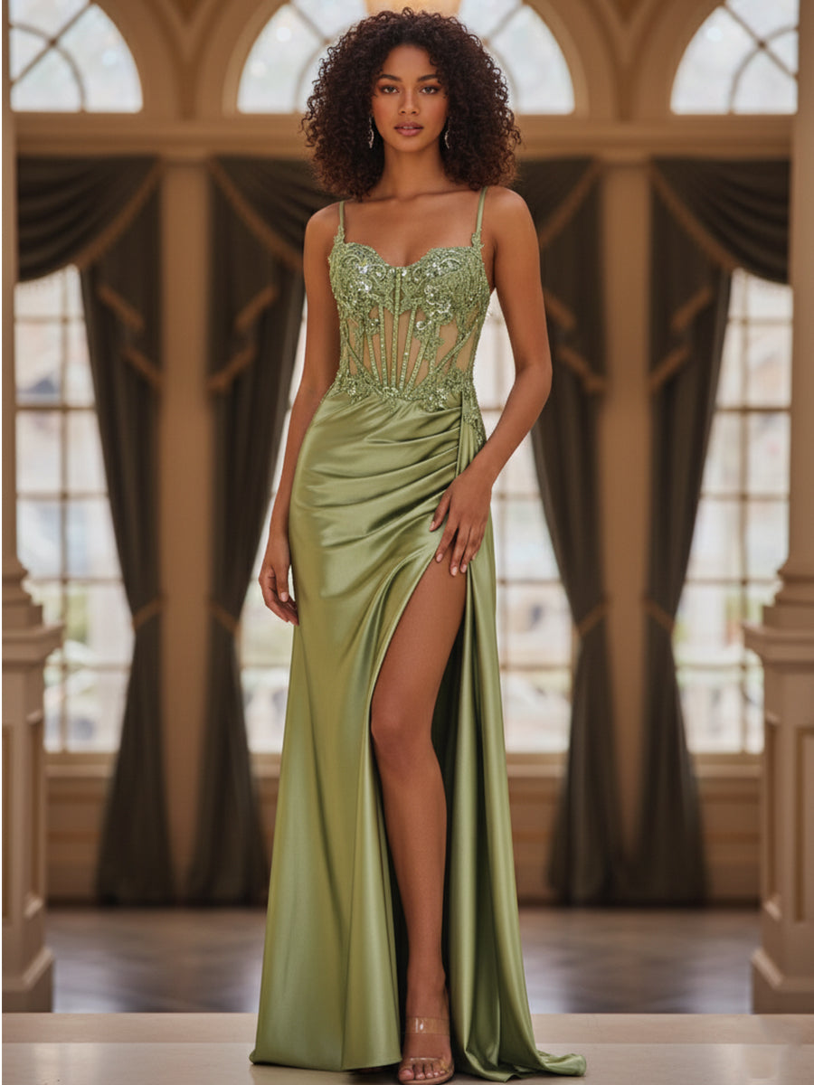 Fitted Applique V Neck Silk like Satin Corset Prom Dress with Slit - VelvetHem