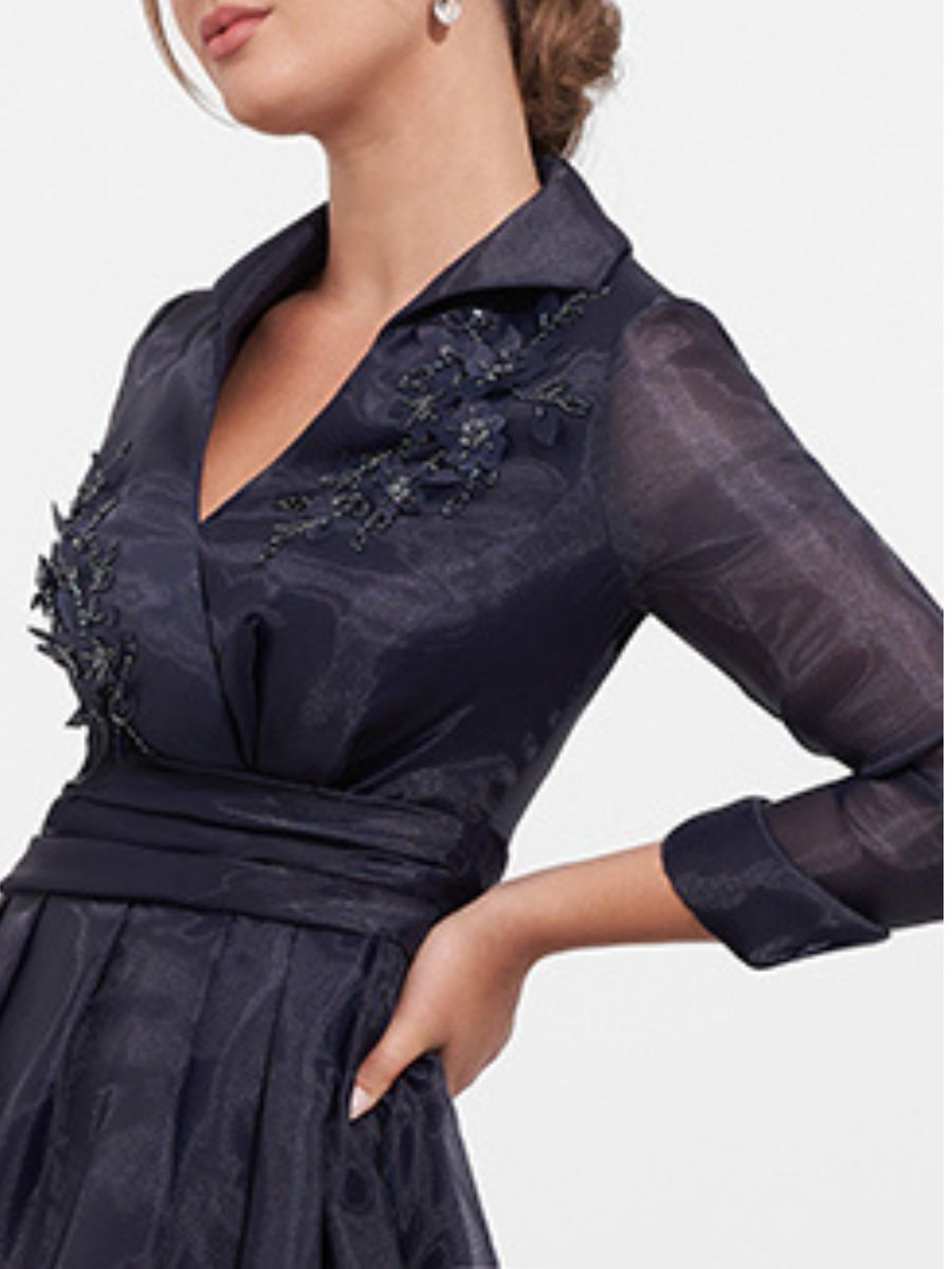 Long A Line Mother Of The Bride Dress with V Neck 3/4 Sleeves Appliques & Side Slit