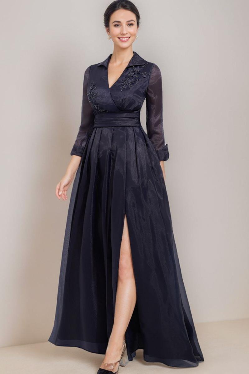 Long A Line Mother Of The Bride Dress with V Neck 3/4 Sleeves Appliques & Side Slit