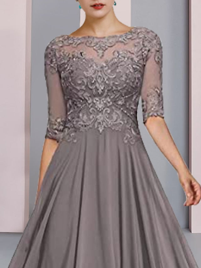 Long A Line Mother of the Bride Dress with Scoop Neckline