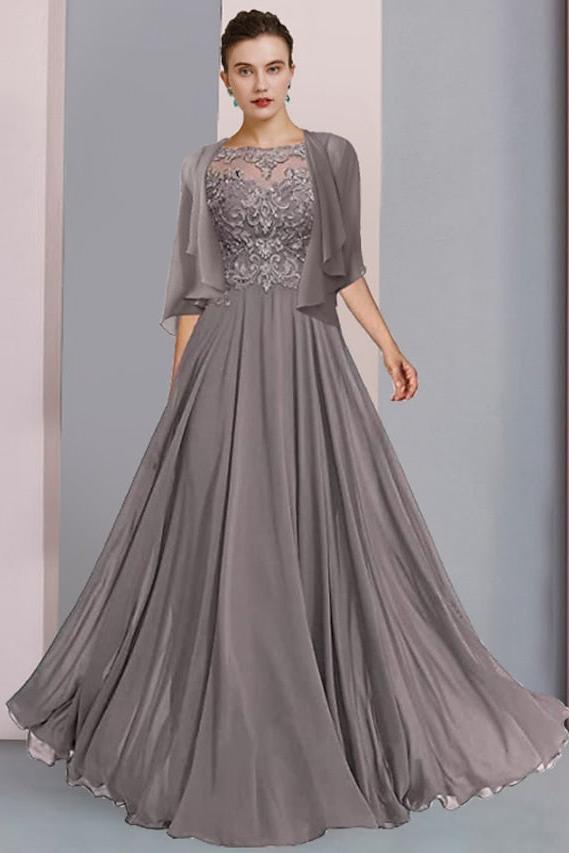Long A Line Mother of the Bride Dress with Scoop Neckline