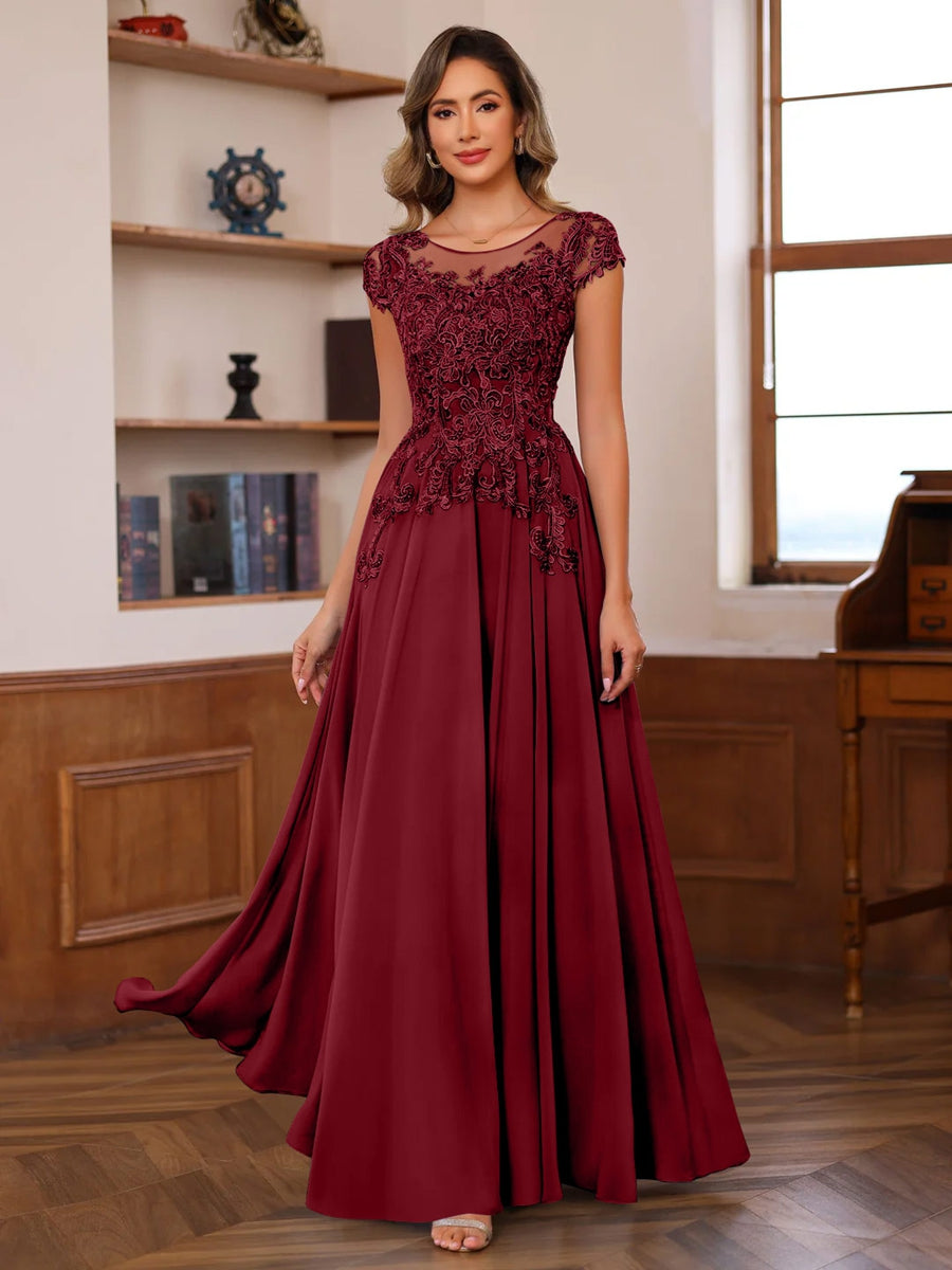 Long A Line Mother of the Bride Dress with Scoop Neck and Short Sleeves Featuring Appliques
