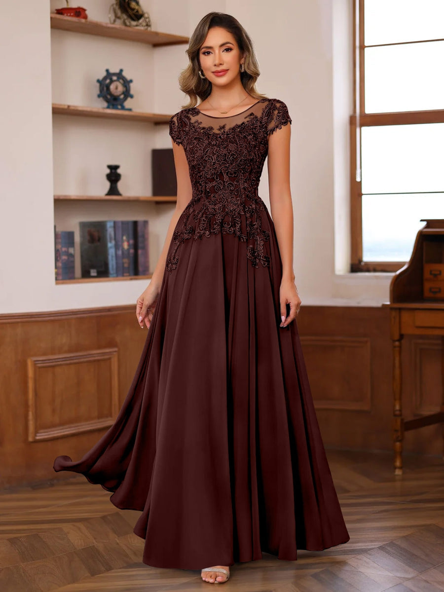 Long A Line Mother of the Bride Dress with Scoop Neck and Short Sleeves Featuring Appliques