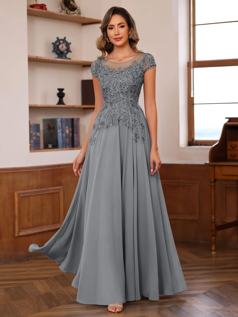 Long A Line Mother of the Bride Dress with Scoop Neck and Short Sleeves Featuring Appliques