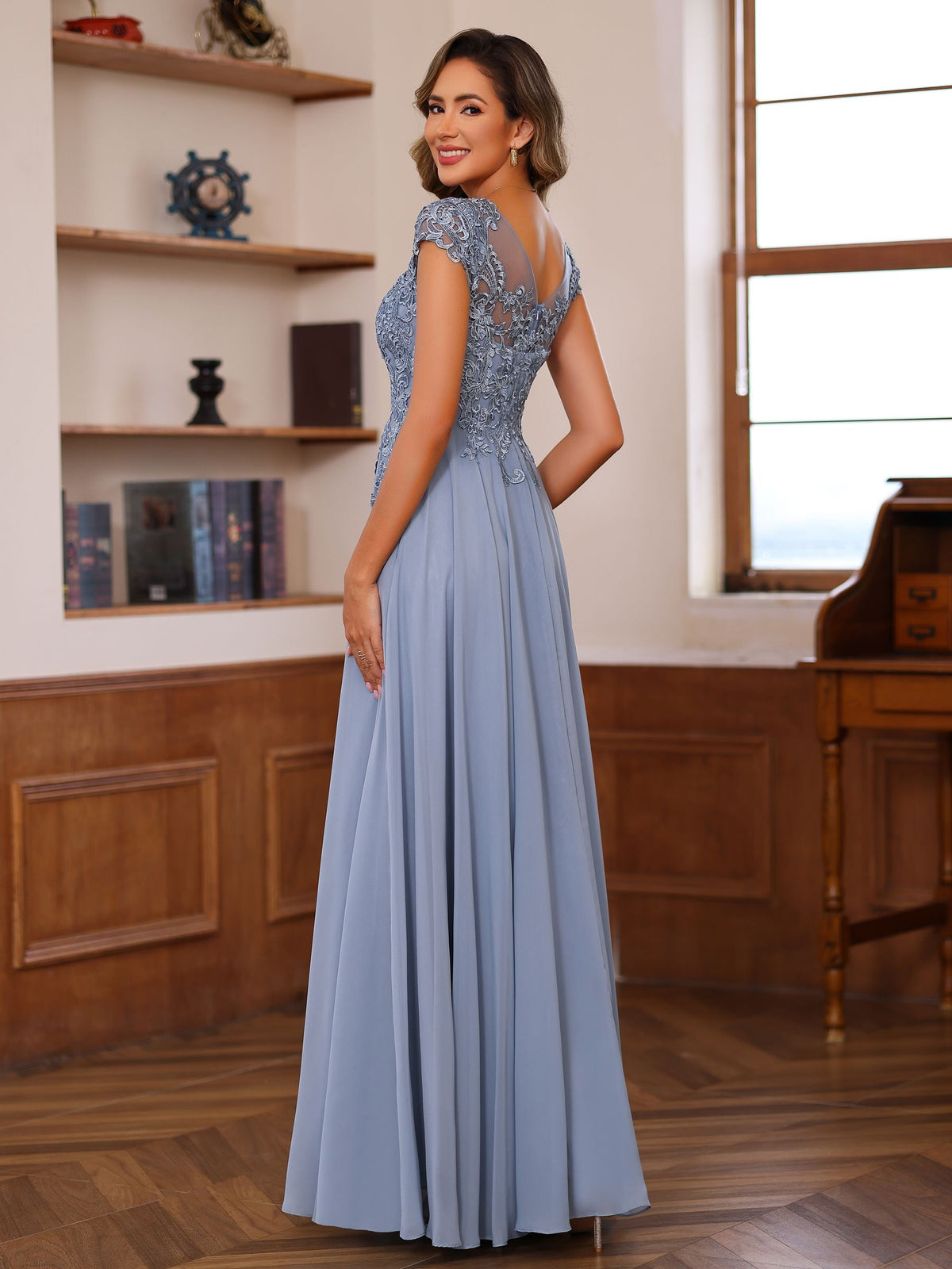 Long A Line Mother of the Bride Dress with Scoop Neck and Short Sleeves Featuring Appliques