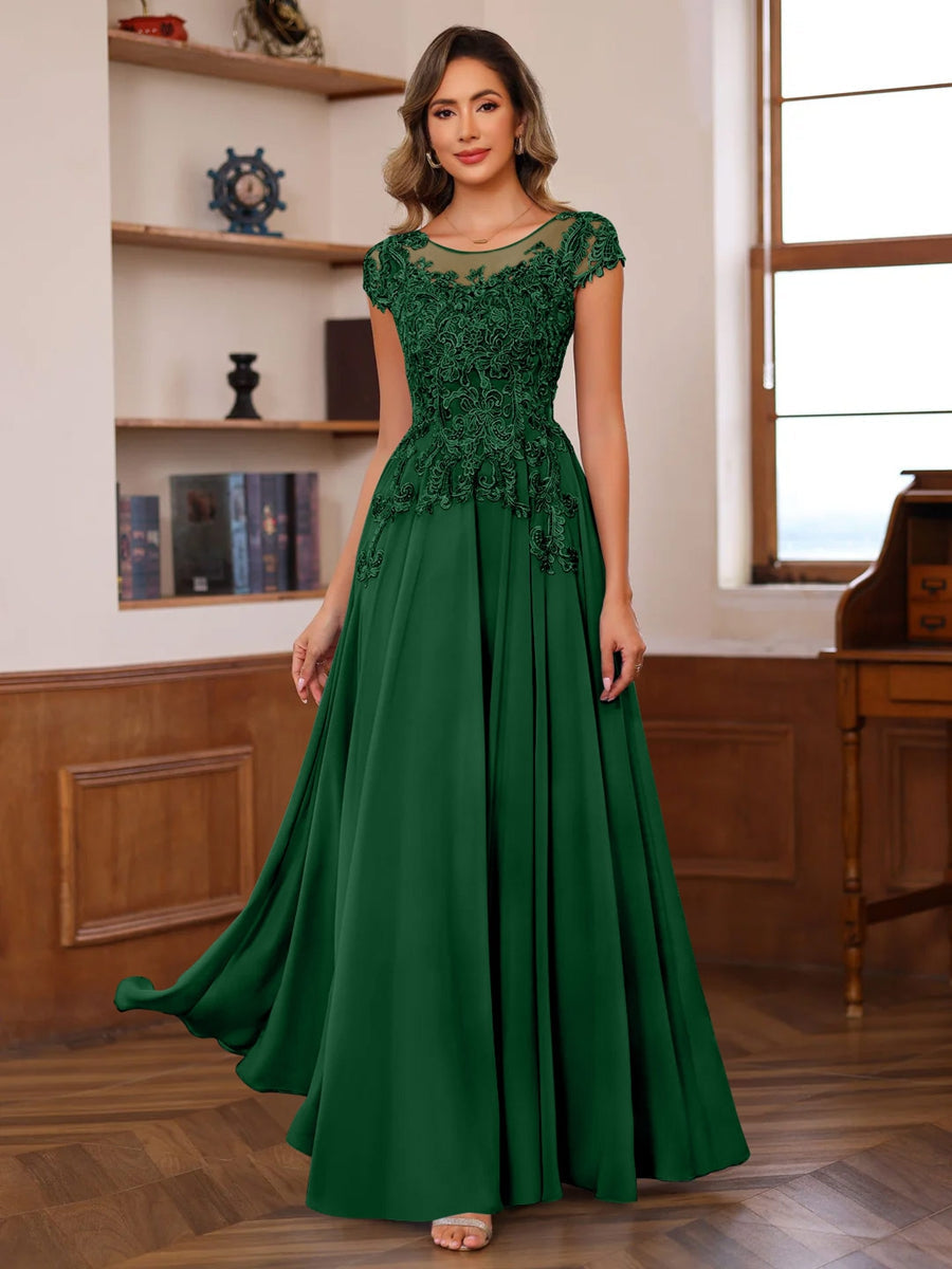 Long A Line Mother of the Bride Dress with Scoop Neck and Short Sleeves Featuring Appliques