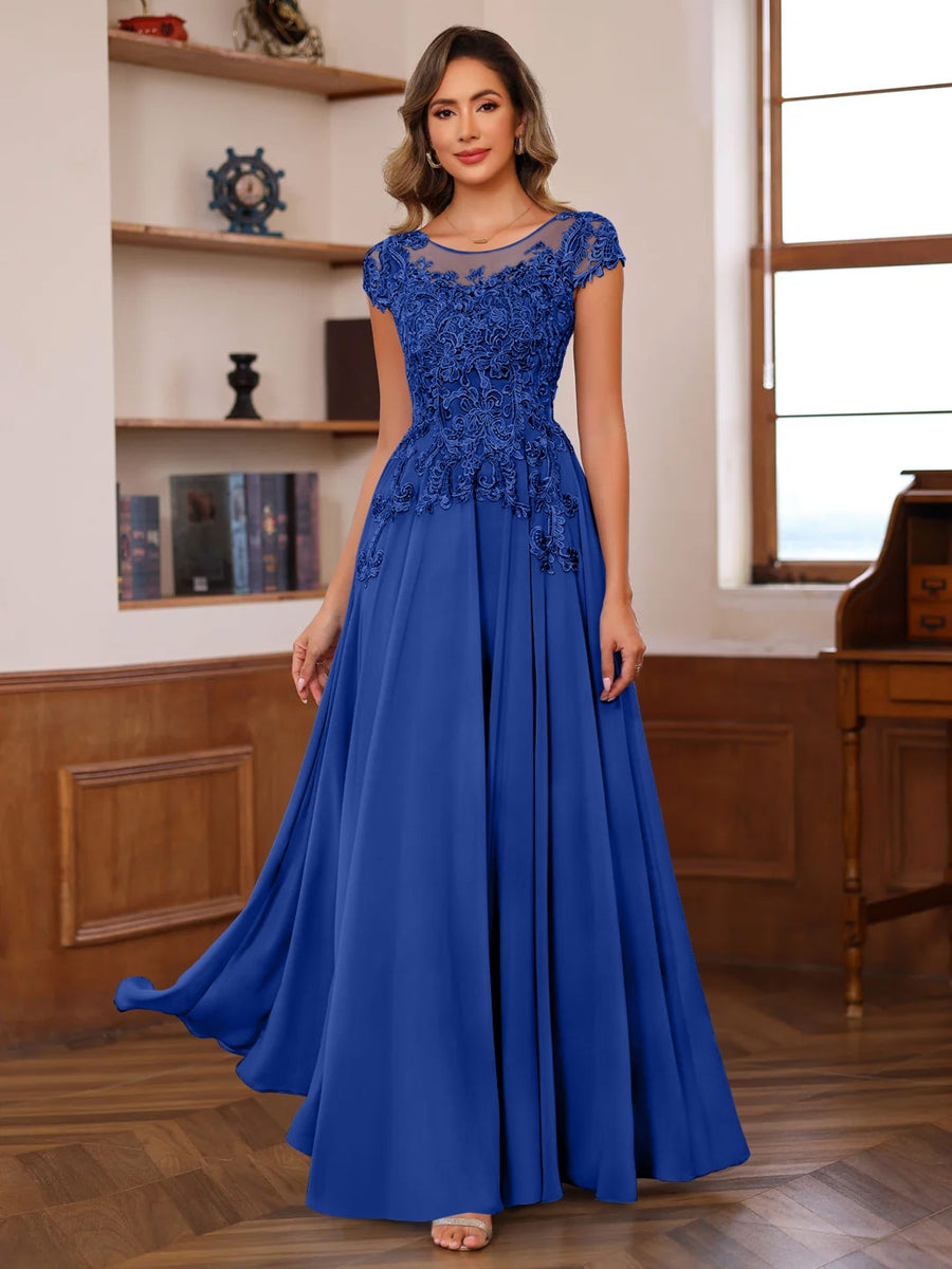 Long A Line Mother of the Bride Dress with Scoop Neck and Short Sleeves Featuring Appliques