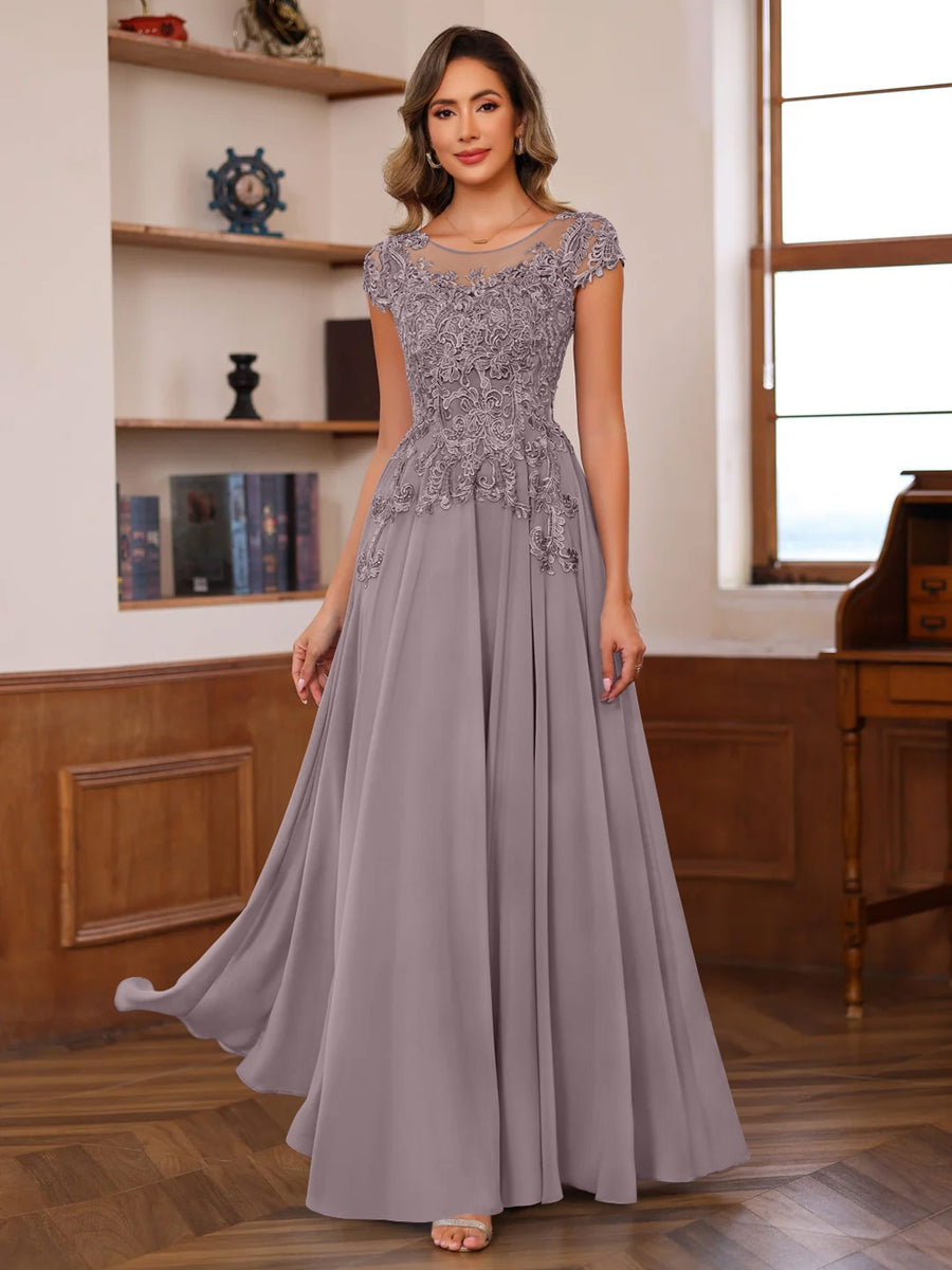 Long A Line Mother of the Bride Dress with Scoop Neck and Short Sleeves Featuring Appliques