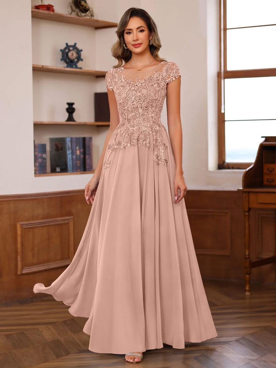 Long A Line Mother of the Bride Dress with Scoop Neck and Short Sleeves Featuring Appliques