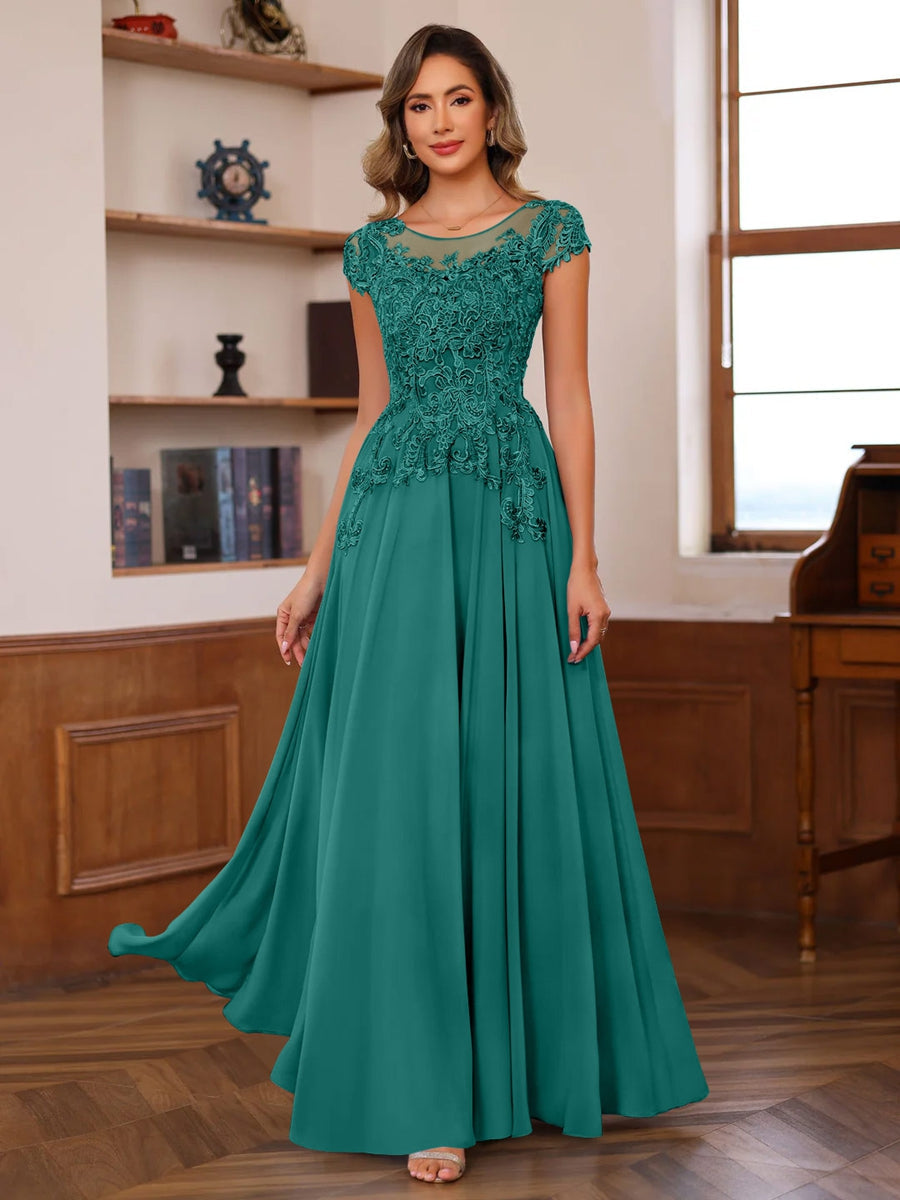 Long A Line Mother of the Bride Dress with Scoop Neck and Short Sleeves Featuring Appliques