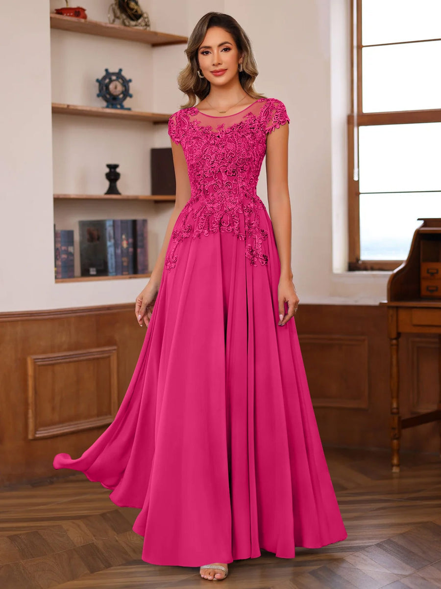 Long A Line Mother of the Bride Dress with Scoop Neck and Short Sleeves Featuring Appliques