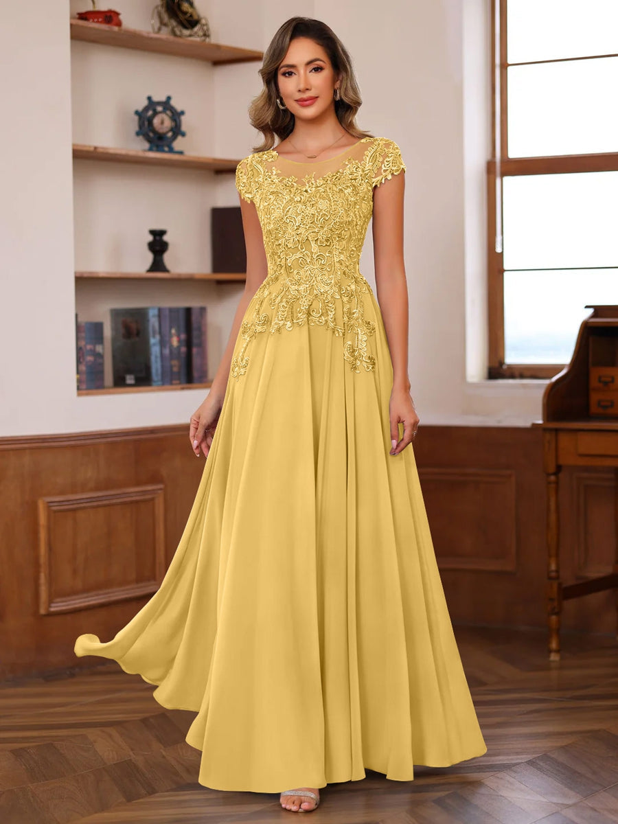 Long A Line Mother of the Bride Dress with Scoop Neck and Short Sleeves Featuring Appliques