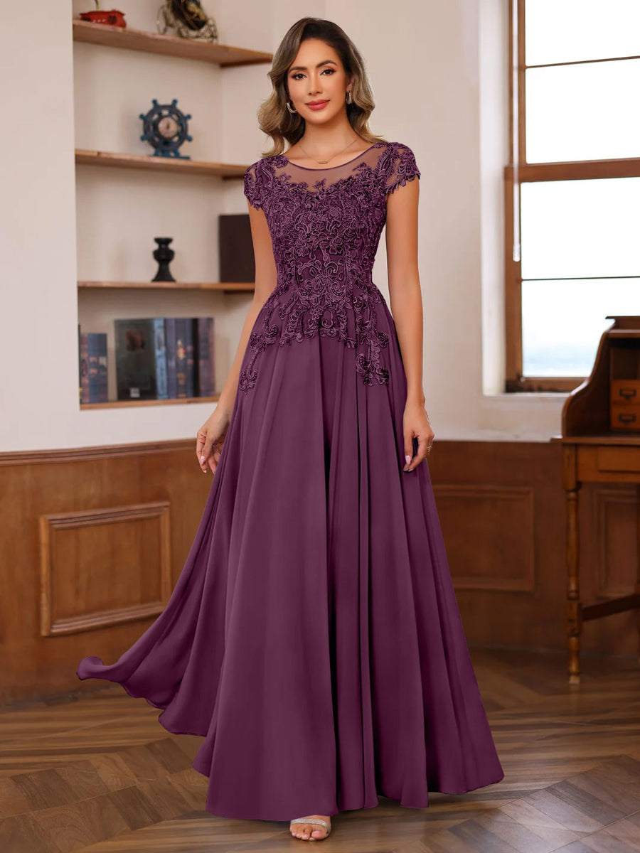 Long A Line Mother of the Bride Dress with Scoop Neck and Short Sleeves Featuring Appliques