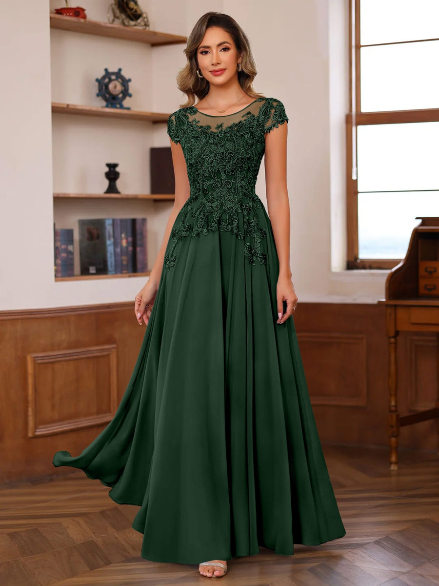 Long A Line Mother of the Bride Dress with Scoop Neck and Short Sleeves Featuring Appliques