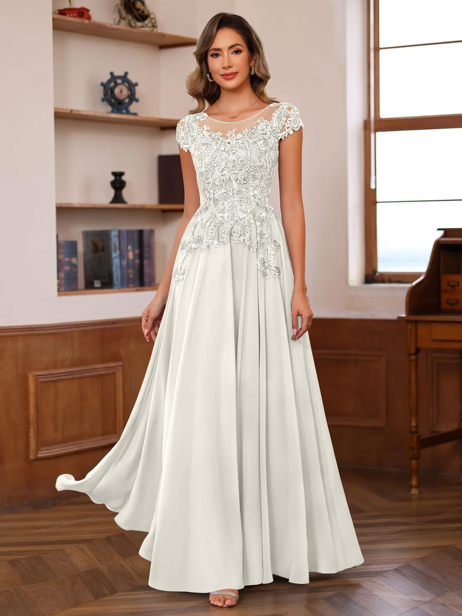Long A Line Mother of the Bride Dress with Scoop Neck and Short Sleeves Featuring Appliques