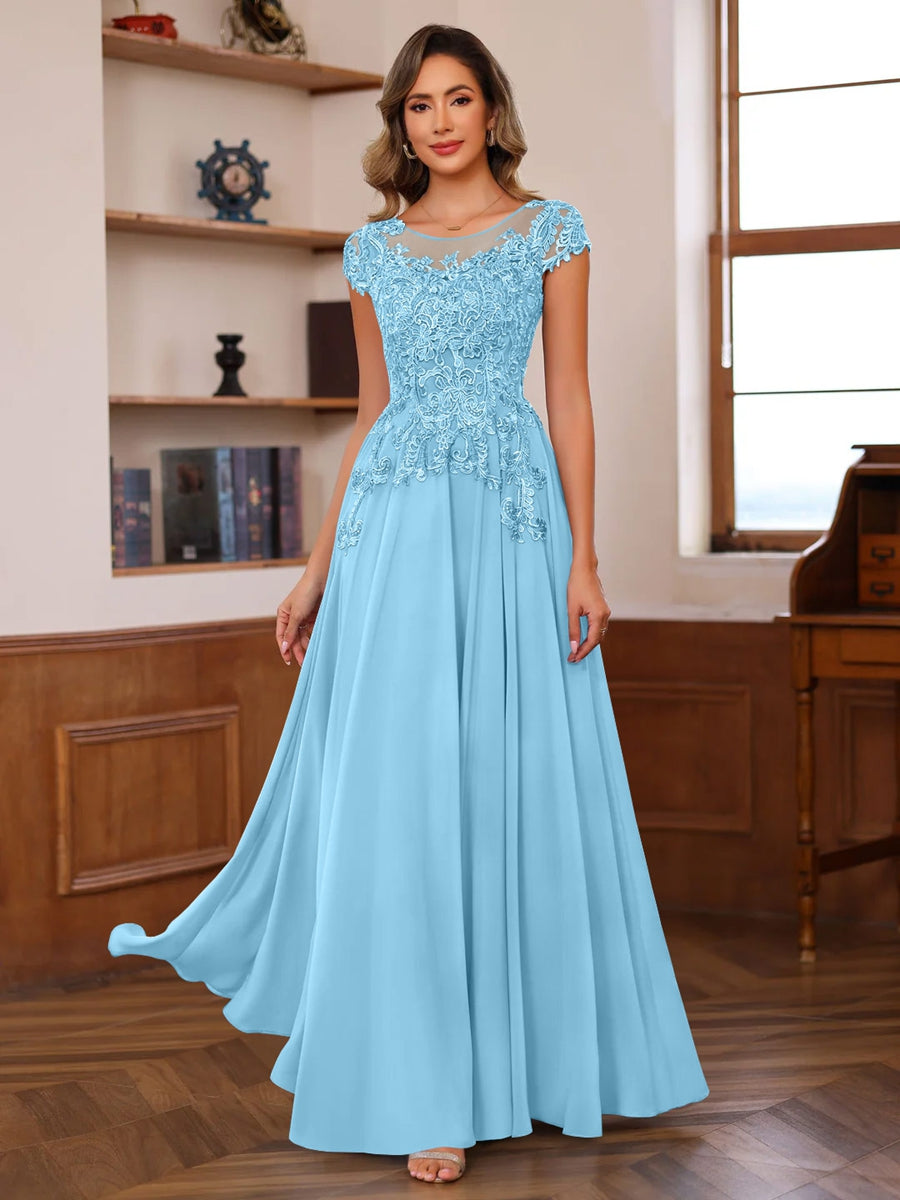 Long A Line Mother of the Bride Dress with Scoop Neck and Short Sleeves Featuring Appliques