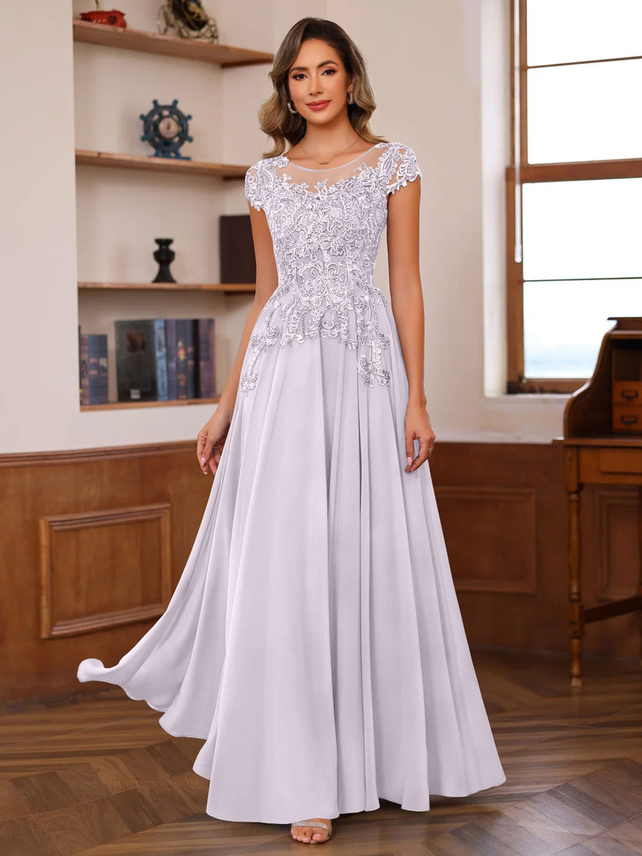 Long A Line Mother of the Bride Dress with Scoop Neck and Short Sleeves Featuring Appliques
