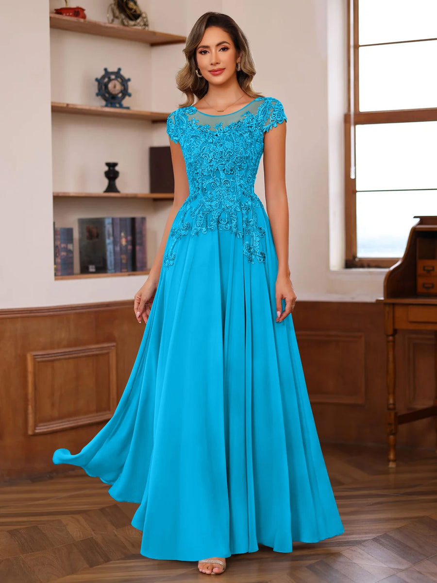 Long A Line Mother of the Bride Dress with Scoop Neck and Short Sleeves Featuring Appliques
